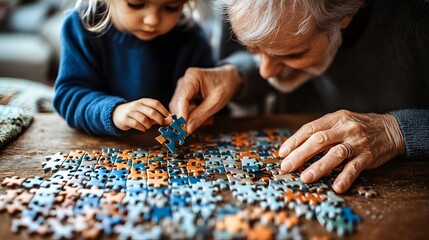 A heartwarming scene of a child and an elderly man working together on a colorful jigsaw puzzle, showcasing the joy of family connection and collaboration.