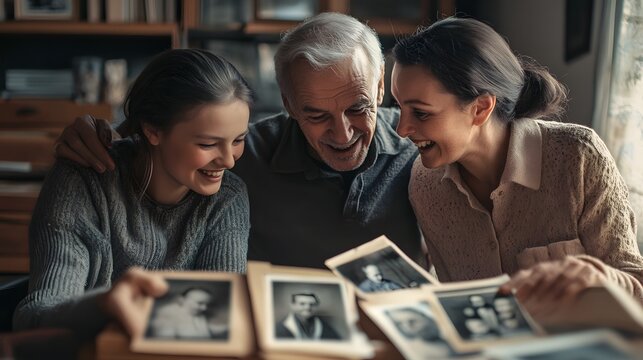 A joyful multigenerational family moment as three relatives, a grandfather, a mother, and a granddaughter, share smiles while looking through old photographs together, evoking nostalgia and connection