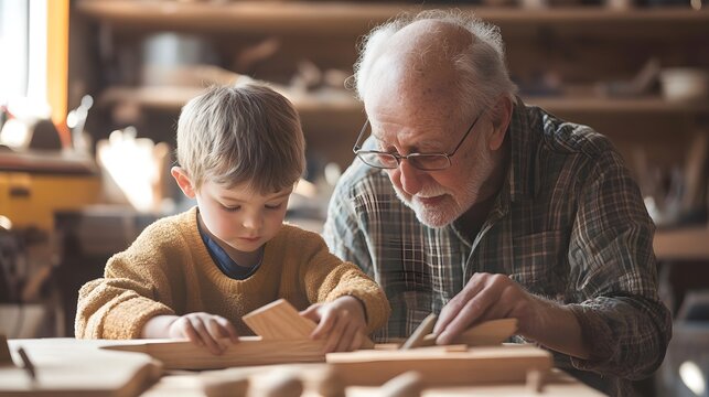 A warm and heartwarming scene of a grandfather and grandson working together on a woodworking project in a cozy workshop, showcasing the bond between generations and the enjoyment of hands-on creativi