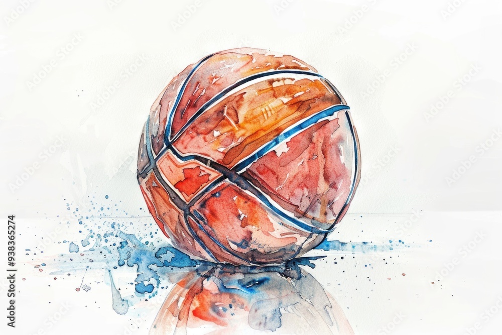 Poster a colorful depiction of a basketball ball in watercolor style, ideal for use as a decorative element