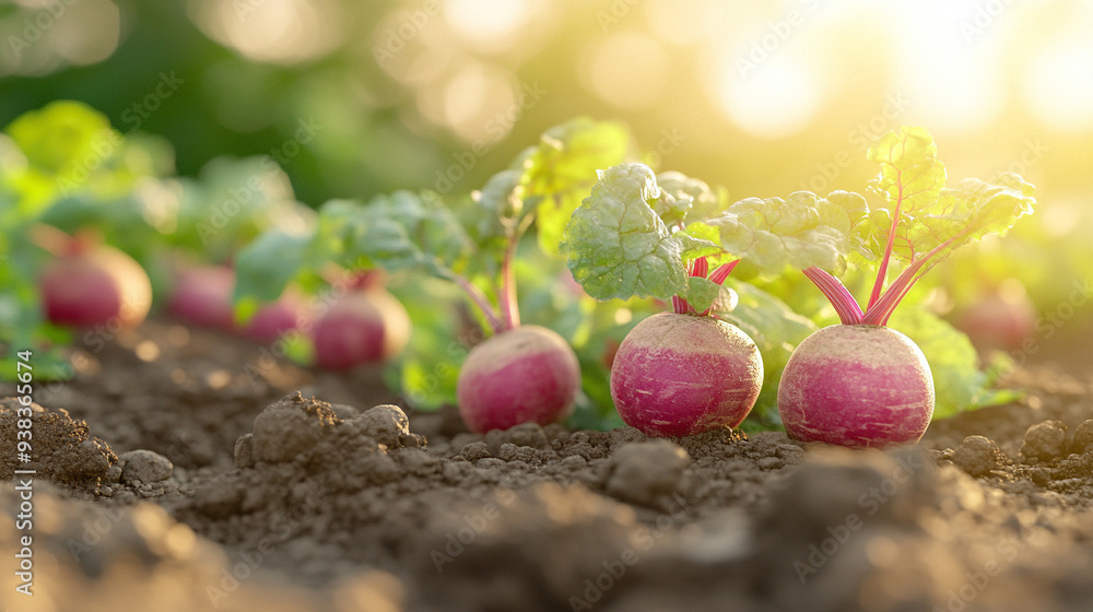 Poster  fresh, vibrant beetroots growing in a garden bathed in sunlight, highlighting their rich color and healthy growth in a natural setting