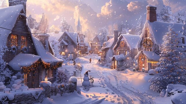 Charming snow covered village at dusk with warm lights, smoke, and children building a snowman - Powered by Adobe