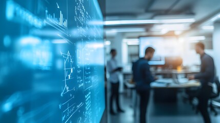 A modern office environment featuring professionals engaged in collaborative work, with data analytics graphics displayed prominently on a digital interface. 