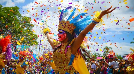 Obraz premium A colorful carnival performer adorned in vibrant costumes and face paint celebrates amidst a shower of confetti, creating a lively and festive atmosphere. 
