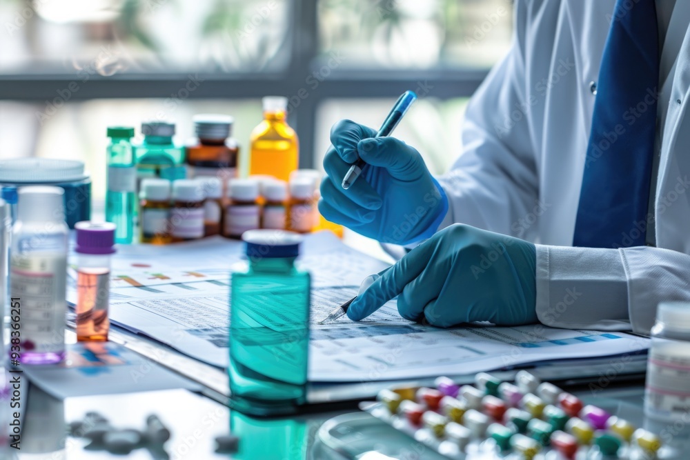 Poster a scientist in a lab coat is recording information on a piece of paper
