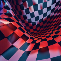 Abstract pattern composed of a spiral formation with chekered red and blue stripes. Drawing the viewer's attention to the center of the funnel