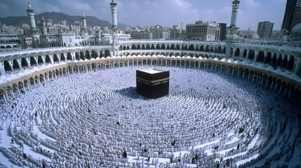 An aerial view of a large crowd of pilgrims in white garments circling the Kaaba at the Grand Mosque in Mecca, Saudi Arabia, during Hajj or Umrah. 