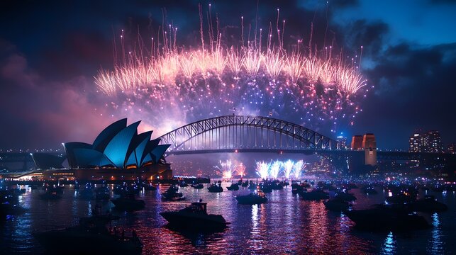 A stunning night scene of the Sydney Opera House and Harbour Bridge illuminated by vibrant fireworks over a bustling harbor filled with boats.