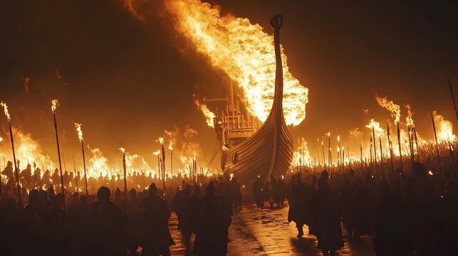 A dramatic scene depicting a Viking ship engulfed in flames, surrounded by a procession of torch-bearing figures under a night sky. 