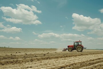 Obraz premium A tractor is plowing a field with a plow, showing agricultural work in progress