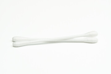Plastic cotton swabs on white background