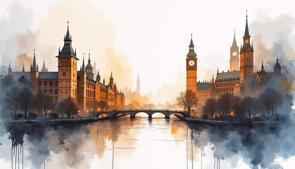 Naklejka premium Open art book featuring detailed watercolor cityscapes filled with architectural beauty and urban charm in every stroke.