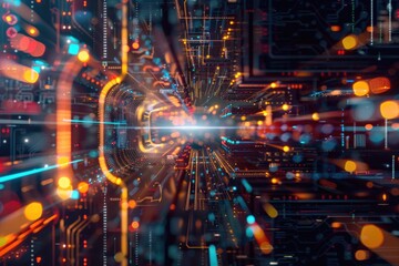 A close-up shot of a computer circuit board with various components and wires