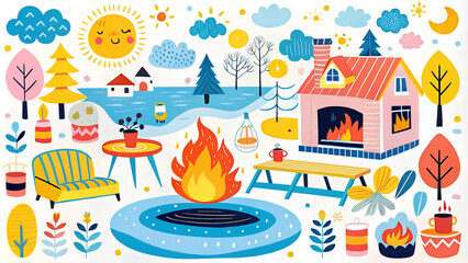 Obraz premium Charming nighttime outdoor scene with fire pit and cottage illustration in soothing colors