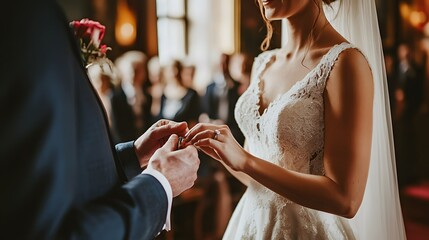 A beautiful bride and groom exchanging wedding rings in a romantic ceremony setting, capturing the essence of love and commitment. 