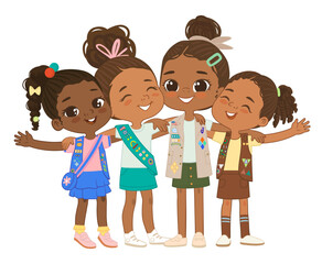 Happy Multicultural multi aged girls scout hug. Cadette, Junior, Daisy, Brownie. Girls Scout happily hug and smile. Girl together. Girls Scout