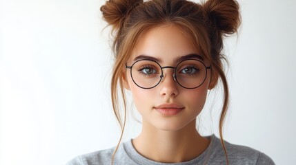 Fototapeta premium Portrait of Young Woman with Glasses and Two-Bun Hairstyle on White Background