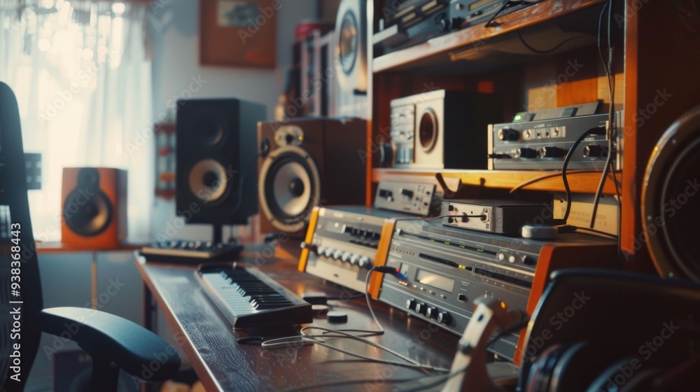 Poster a desk with a keyboard and speakers in a room