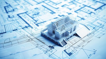 White model house sitting on blueprint plans with a visible roof structure.