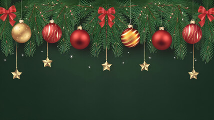 Naklejka premium Design a Christmas-themed banner with hanging golden ornaments, pine cones, gift boxes, and lush green pine needles against a dark green backdrop, giving a sense of holiday cheer.