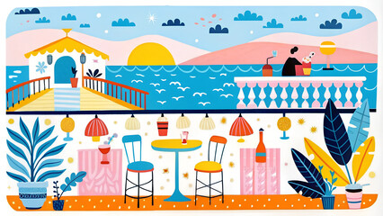 Obraz premium Whimsical beachside cafe illustration with person enjoying scenic ocean view