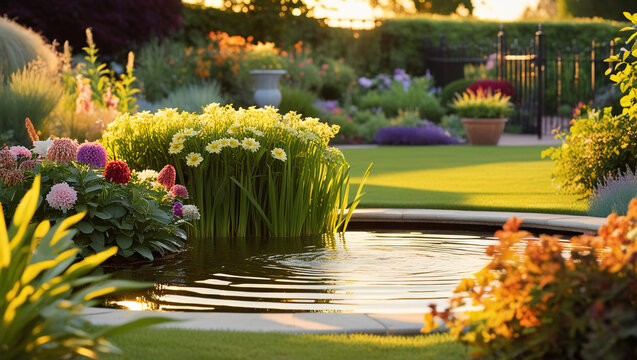 Tranquil Pond Surrounded by Vibrant Blooms and Lush Foliage at Golden Hour, Lotus poud