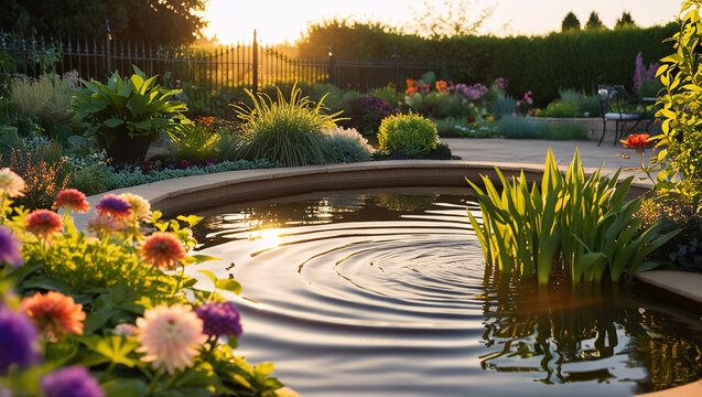 Tranquil Pond Surrounded by Vibrant Blooms and Lush Foliage at Golden Hour, Lotus poud