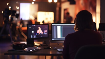 A focused creative professional edits video content in a modern studio environment, surrounded by advanced technology and warm lighting, showcasing the essence of digital filmmaking. 