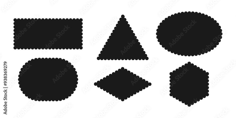 Poster black silhouette scalloped frames. geometric shapes stickers with zigzag wavy edge. rectangle ellips