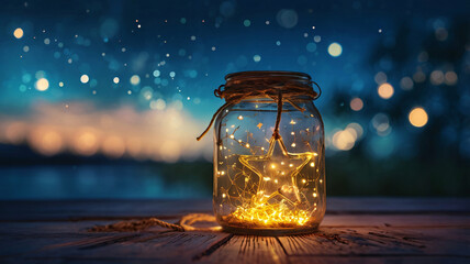 Twinkling Magic in a Glass Jar with Star-Shaped Lights Against a Dreamy Night Sky, Christmas Fairy Lights In A Glass Jar Home X-Mas Decor Concept
