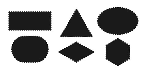 Black silhouette scalloped frames. Geometric shapes stickers with zigzag wavy edge. Rectangle Ellipse triangle rhombus Box. Tag Label Stamp element for design