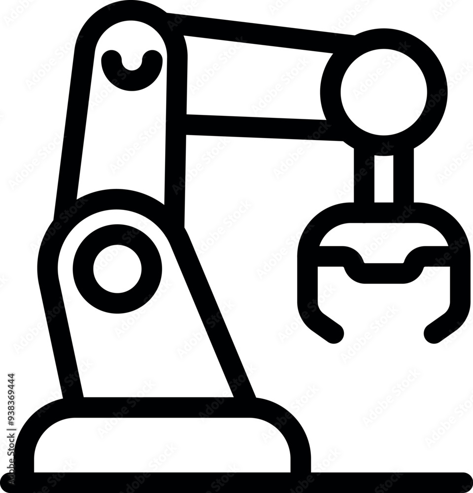 Poster simple black and white vector icon of a robotic arm picking up an object, perfect for illustrating a