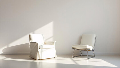 Two white chairs in a minimalist room with a plain white wall, Two chairs against concrete white wall, we are hiring concept