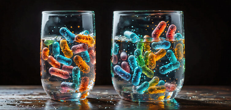 Illustrative representation of drinking water contaminated with bacteria and pathogens in a drinking glass