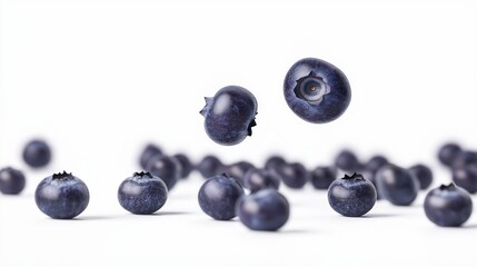 Closeup of fresh blueberries scattered on a white background with two blueberries floating in the air.