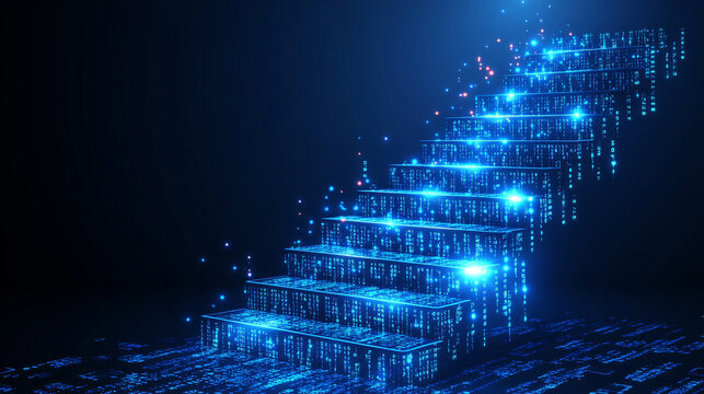 digital background featuring a sleek ladder reaching towards a glowing, abstract horizon, symbolizing advancement, aspiration, and the journey towards innovation