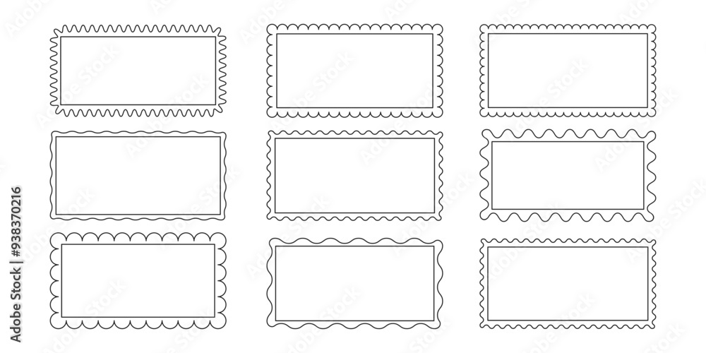 Poster set of rectangle frames with zigzag wavy edge. rectangular curved line shapes. retro empty frame bor