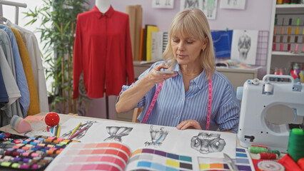Caucasian woman designer evaluating fashion sketches in a tailor shop
