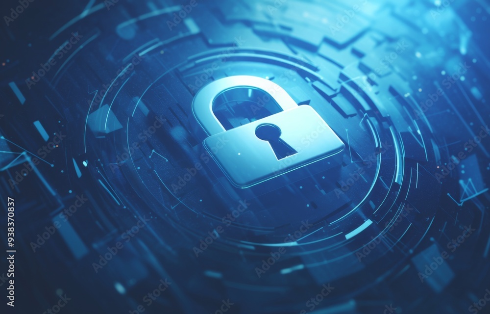 Poster an open padlock on top of the keyboard, symbolizing digital security and data protection.