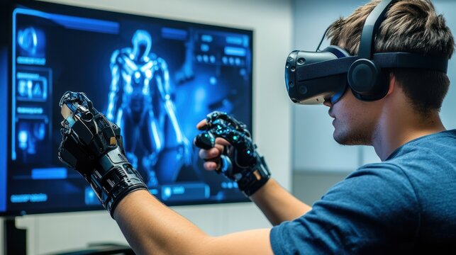 Man in VR headset with haptic gloves