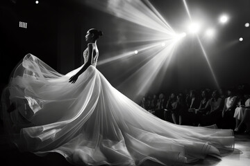 Runway model in a flowing gown with a long train, moving gracefully down the catwalk as the audience watches in awe.