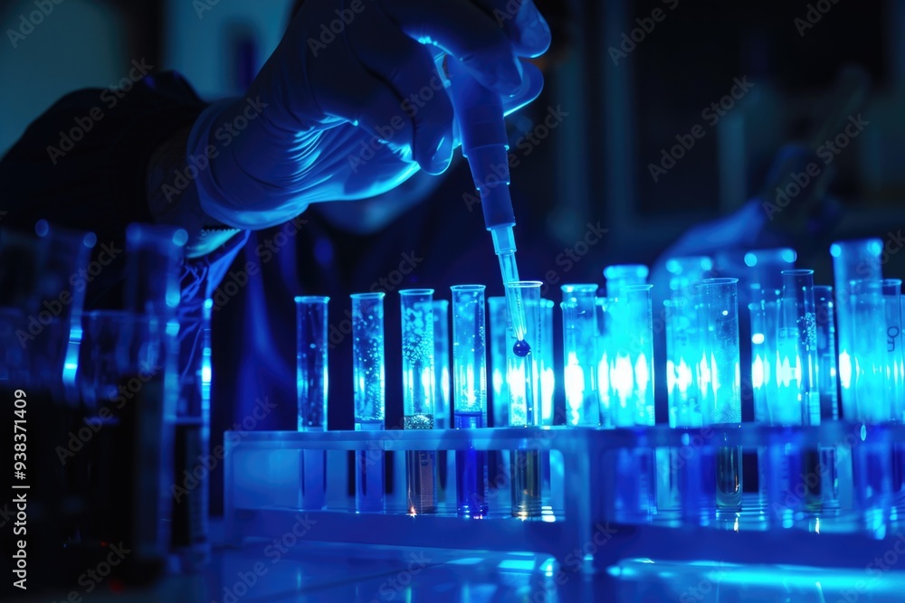 Aufkleber a scientist holds a pipette over a beaker of blue liquid in a laboratory setting