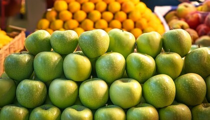 Freshly picked pile of green apples displayed in a market with a vibrant fruit backdrop.