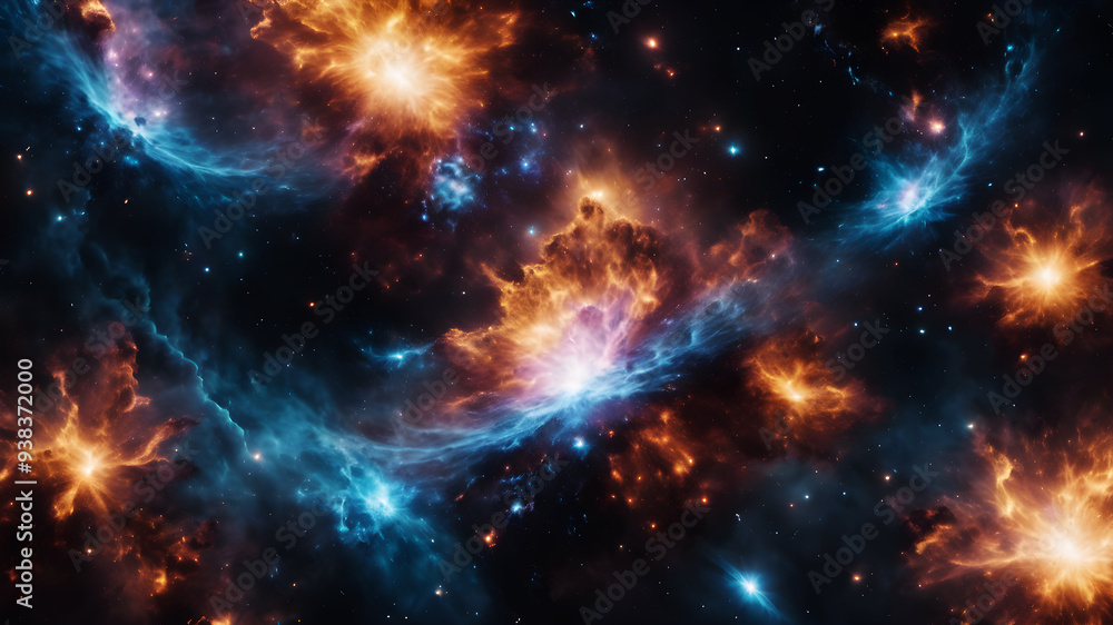 Poster exploding nebula with shimmering particles and cosmic dust