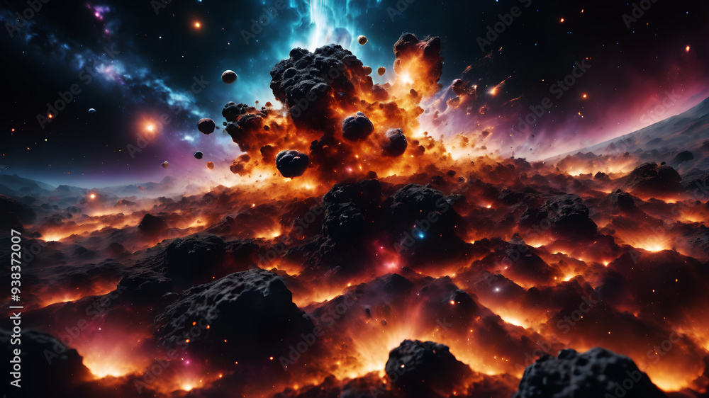 Poster exploding nebula with shimmering particles and cosmic dust