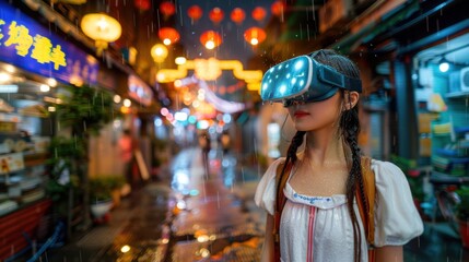 Obraz premium A person experiences virtual reality in a vibrant night market, illuminated by lanterns and reflecting raindrops on the pavement