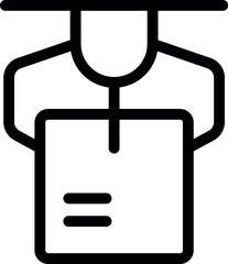 Line art icon of a robotic arm holding a cardboard box, representing automation in shipping and logistics