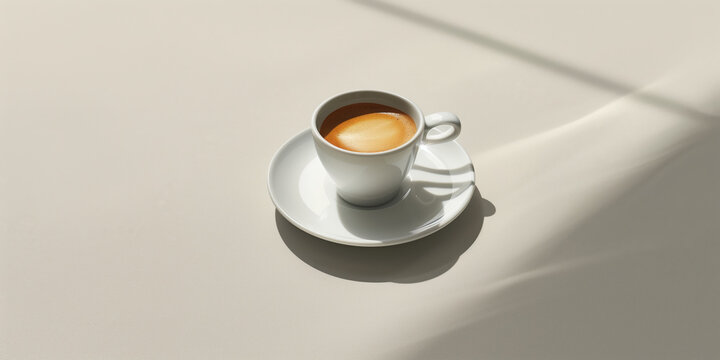 Elegant coffee setup with a sleek, modern espresso cup and saucer, placed on a plain, light-colored surface with minimalistic shadows.