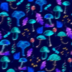 Seamless watercolor pattern, background with a picture of forest mushrooms, berries, autumn leaves, plants. lingonberry, cranberry, blueberry. Vintage illustration for a variety of designs.