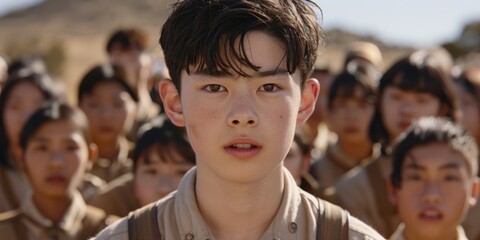 A solemn youth stands at the forefront of a diverse group, embodying determination amidst a backdrop of a vast landscape during a clear daytime